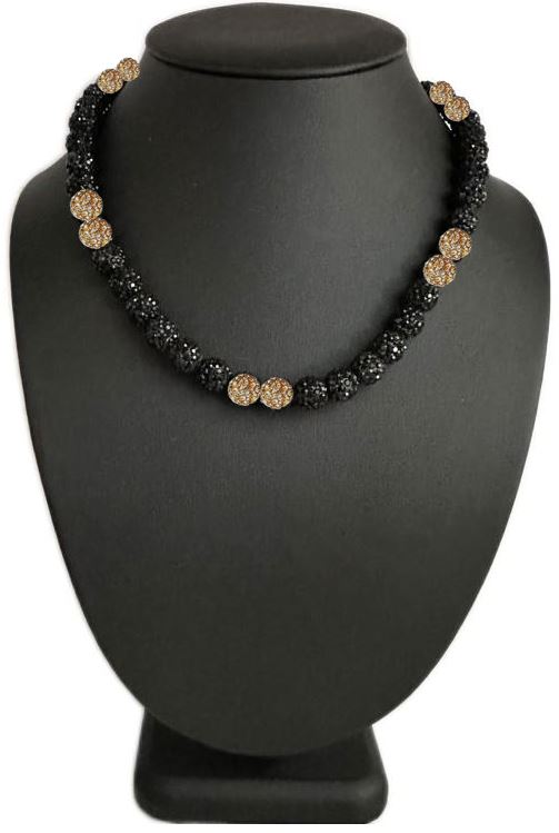 Iced Bling Disco Ball Rhinestone Crystal Bead Baseball Necklace Black Out Collection Vegas Gold