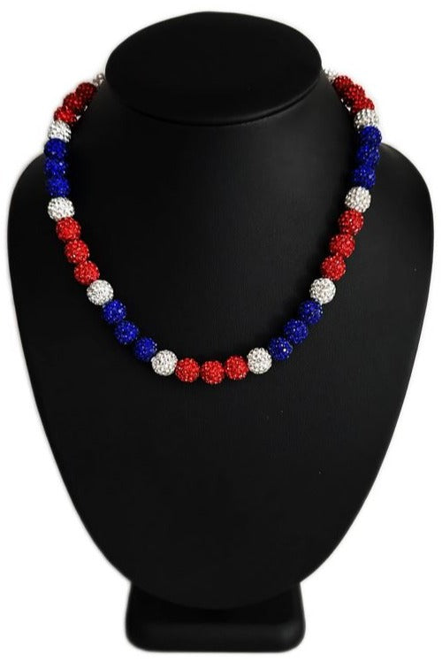 Iced Bling Disco Ball Rhinestone Crystal Bead Baseball Necklace Red White Blue