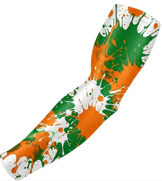 Sports Performance Compression Arm Sleeve Orange Green Hurricanes Drip Splatter