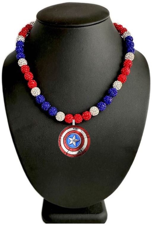 Red White Blue Iced Disco Ball Crystal Bead Baseball Necklace w/ captain America Pendant