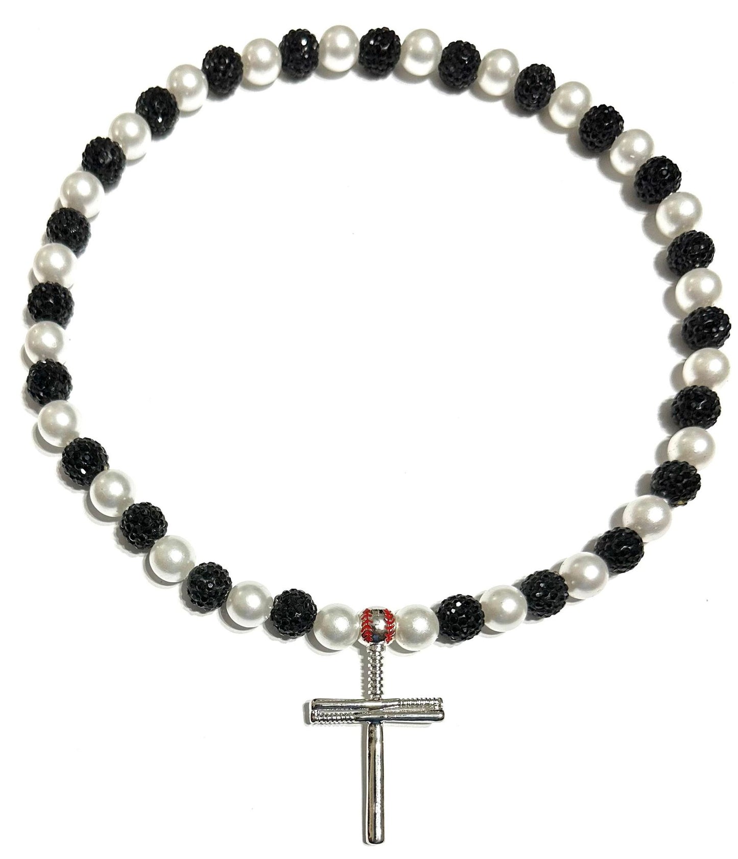 Iced Disco Ball Crystal Bead Baseball Necklace Black Pearl w/ Cross Baseball Bat Pendant