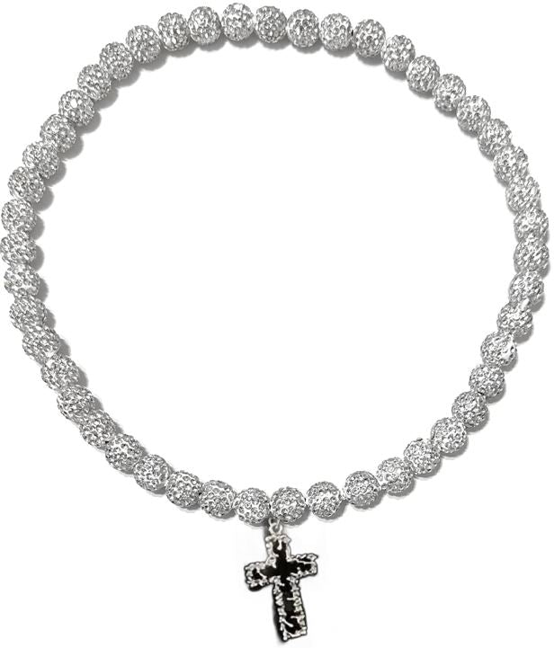 Iced Disco Ball Crystal Bead Baseball Drip Necklace w/ Iced Onyx Bling Cross Pendant