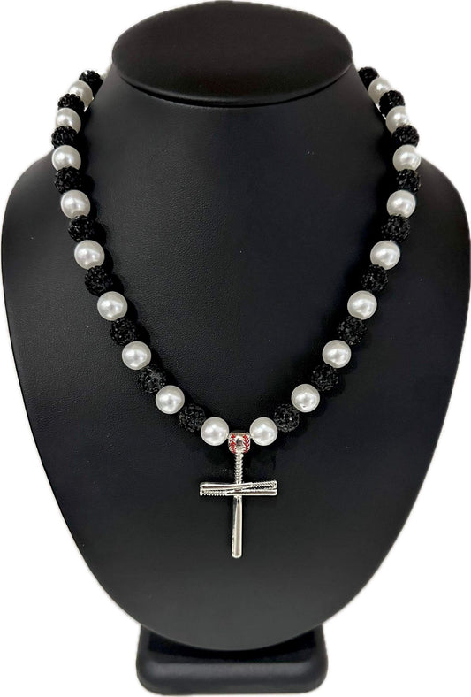 Iced Disco Ball Crystal Bead Baseball Necklace Black Pearl w/ Cross Baseball Bat Pendant