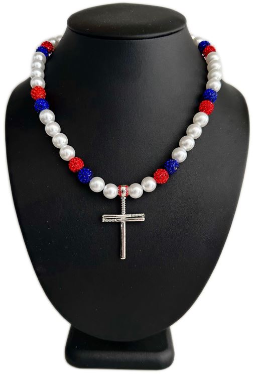 Iced Disco Ball Crystal Bead Pearl Baseball Necklace w/ Cross Baseball Bat Cross Crucifix Pendant