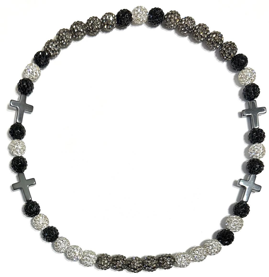 Iced Disco Ball Crystal Bead Baseball Necklace w/ Cross Black Silver II