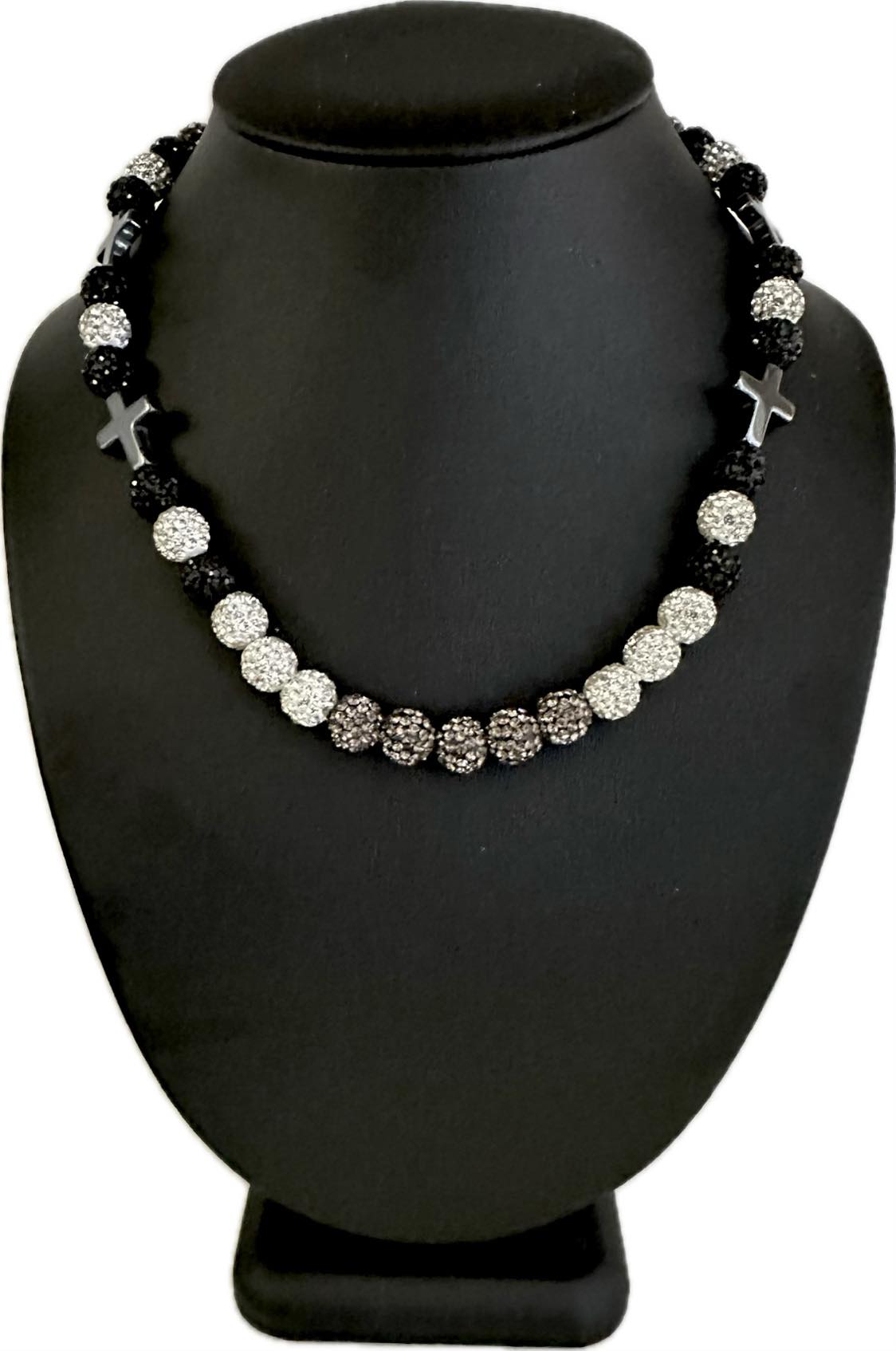 Iced Disco Ball Crystal Bead Baseball Necklace w/ Cross Black Silver II