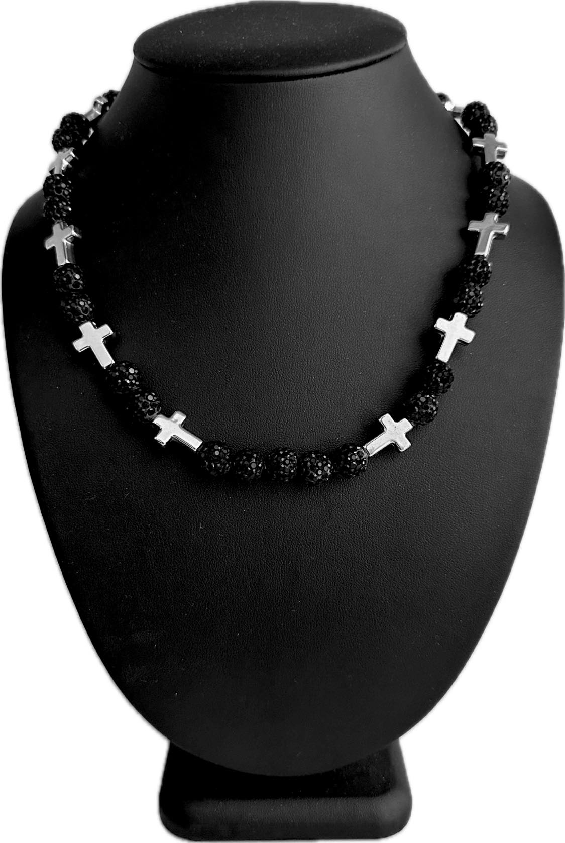 Iced Bling Disco Ball Rhinestone Bead Baseball Necklace Prayer Cross Collection Black Silver