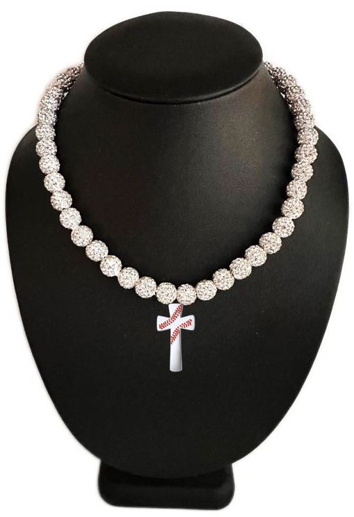 Iced Disco Ball Crystal Bead Baseball Necklace Silver Snow w/ Cross Baseball Stitch Pendant