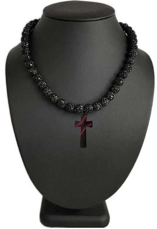 Iced Disco Ball Crystal Bead Baseball Necklace Black Night w/ Cross Baseball Stitch Pendant