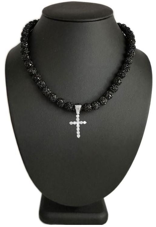 Iced Bling Disco Ball Rhinestone Crystal Beaded Baseball Drip Black Out Necklace + Iced Cross Pendant