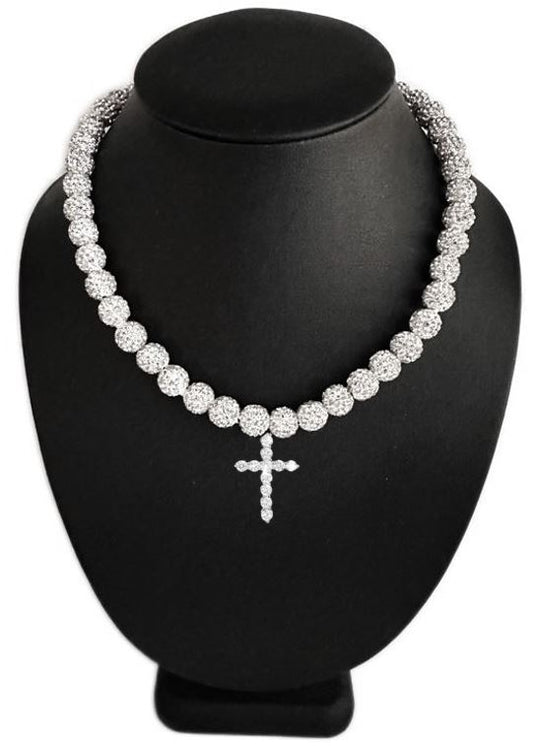 Iced Bling Disco Ball Rhinestone Crystal Beaded Baseball Drip Silver Snow Necklace + Iced Cross Pendant