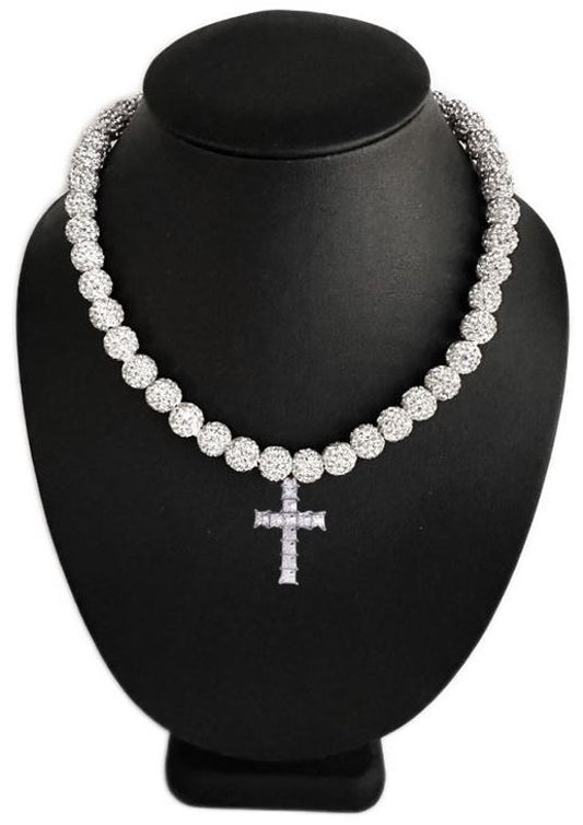 Iced Bling Disco Ball Rhinestone Crystal Beaded Baseball Drip Silver Snow Necklace + Iced Cross Pendant
