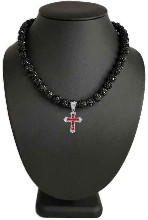 Iced Bling Disco Ball Rhinestone Crystal Beaded Baseball Drip Black Out Necklace + Iced Red Ruby Cross Pendant