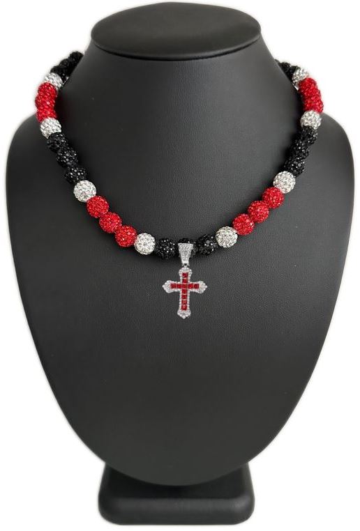 Iced Bling Disco Ball Rhinestone Crystal Beaded Baseball Drip Red White Black Out Necklace + Iced Red Ruby Cross Pendant