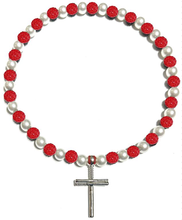 Iced Disco Ball Crystal Bead Baseball Necklace Red & Pearl w/ Cross Baseball Bat Pendant