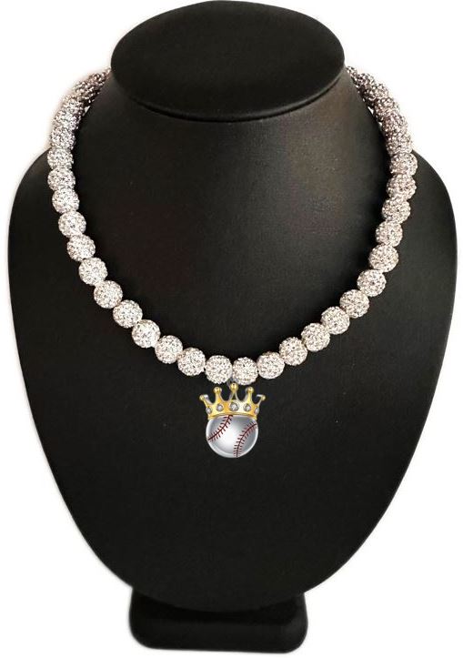Iced Bling Disco Ball Rhinestone Crystal Bead Baseball Necklace White Ice Home Run King