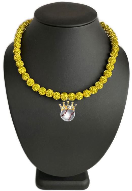 Iced Bling Disco Ball Rhinestone Crystal Bead Baseball Necklace Yellow Home Run King