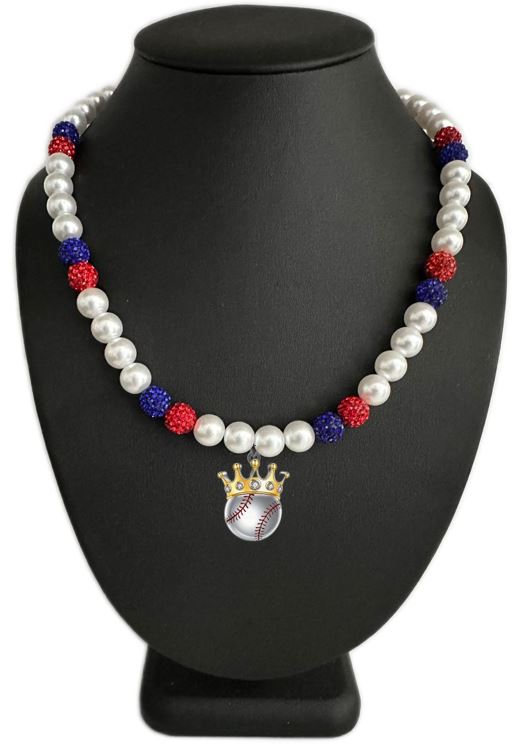 Iced Bling Disco Ball Rhinestone Crystal Bead Baseball Necklace Patriotic Home Run King