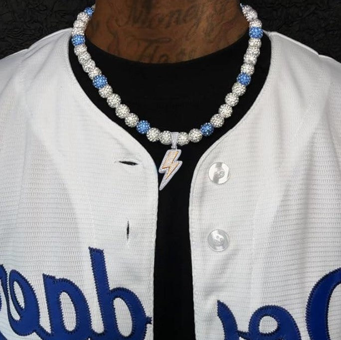 Iced Bling Disco Ball Rhinestone Pollyanna Crystal Bead Baseball Softball Necklace Blue, White, Blue + Lightning Pendant