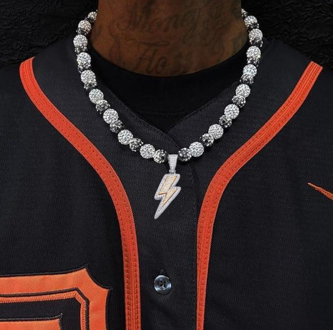 Iced Bling Disco Ball Rhinestone Pollyanna Crystal Bead Baseball Softball Necklace Hematite, White + Lightning Pendant