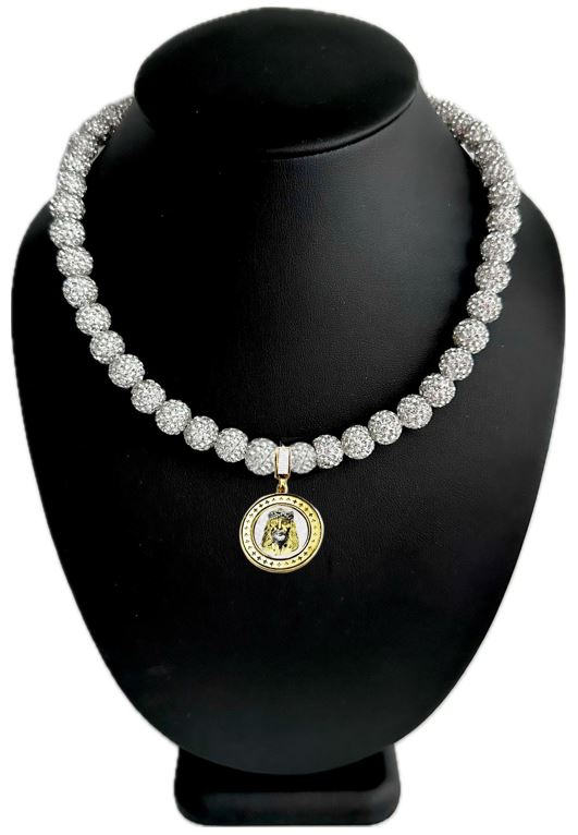 Iced Bling Disco Ball Rhinestone Crystal Beaded Baseball Drip Silver Snow Necklace + Round 14K Gold Plated Jesus Pendant