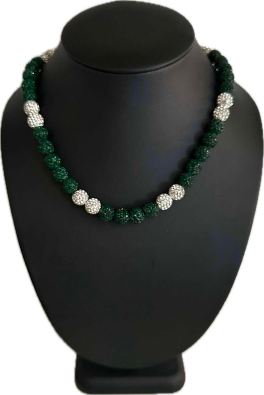 Iced Bling Disco Ball Rhinestone Pollyanna Crystal Bead Baseball Necklace Green White