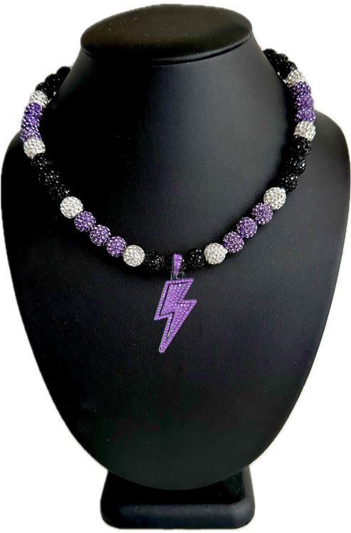 Iced Bling Disco Ball Rhinestone Pollyanna Crystal Bead Baseball Softball Necklace Purple Black Lightning