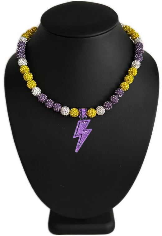 Iced Bling Disco Ball Rhinestone Pollyanna Crystal Bead Baseball Softball Necklace Purple Yellow Lightning