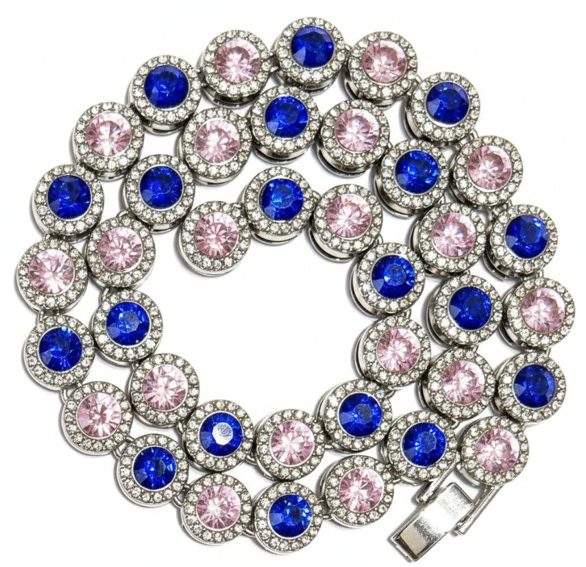 Team Colors Collection Iced CZ Silver Cluster Baseball Player Chain Necklace Miami Pink Blue