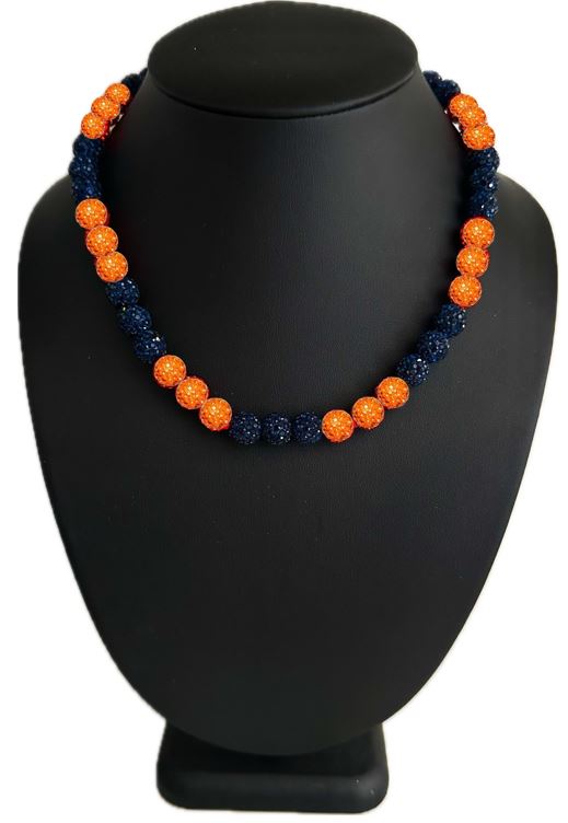 Iced Bling Disco Ball Rhinestone Crystal Bead Baseball Necklace Navy Blue Orange