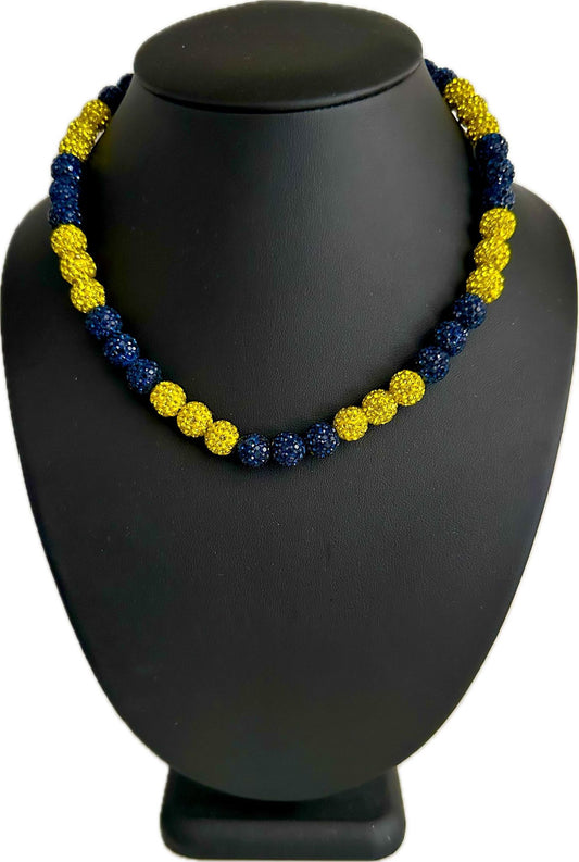 Iced Bling Disco Ball Rhinestone Crystal Bead Baseball Necklace Navy Blue Yellow