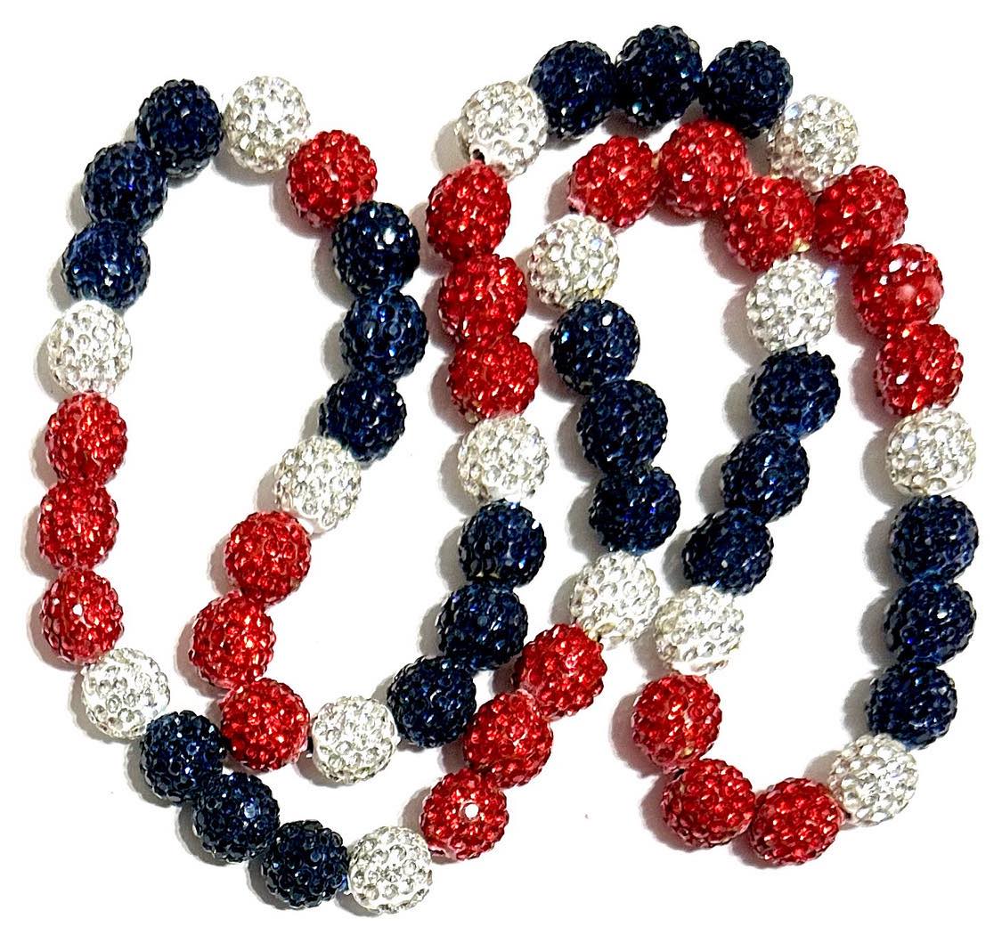 Iced Bling Disco Ball Rhinestone Crystal Bead Baseball Necklace Navy Blue, Red, White