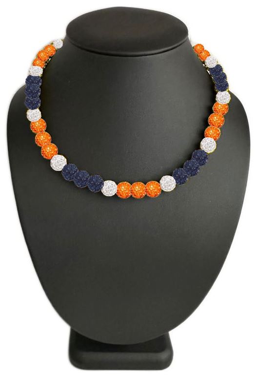 Iced Bling Disco Ball Rhinestone Crystal Bead Baseball Necklace Navy Orange White