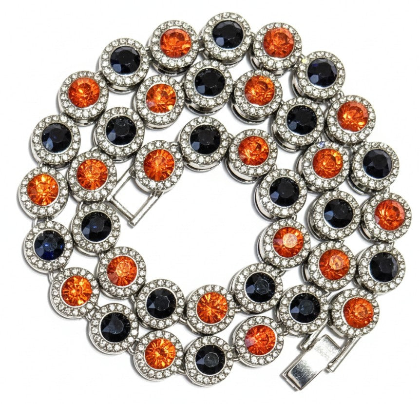 Team Colors Collection Iced CZ Silver Cluster Baseball Player Chain Necklace Orange Black