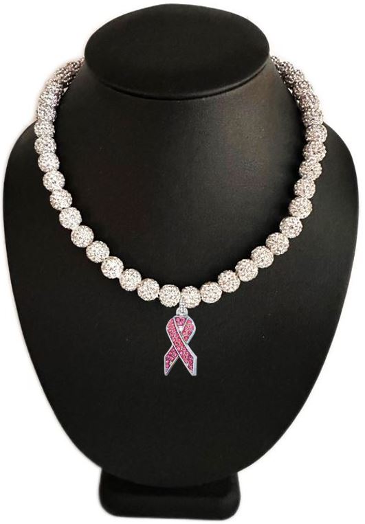 White Out Iced Disco Ball Crystal Bead Baseball Drip Necklace w/ Iced Pink Ribbon Pendant