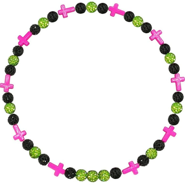 Iced Bling Disco Ball Rhinestone Bead Baseball Necklace Black, Lime, Pink Cross