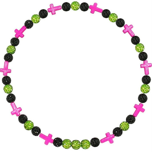 Iced Bling Disco Ball Rhinestone Bead Baseball Necklace Black, Lime, Pink Cross