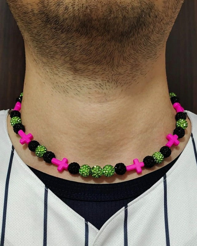 Iced Bling Disco Ball Rhinestone Bead Baseball Necklace Black, Lime, Pink Cross
