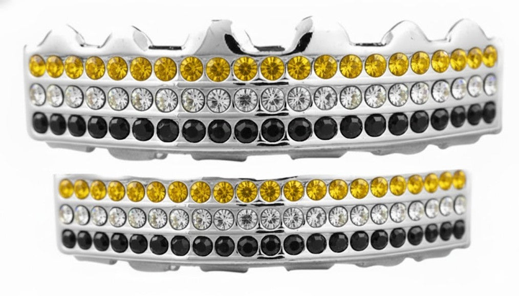 Team Color Silver Iced CZ Teeth Bling Grillz Yellow Black