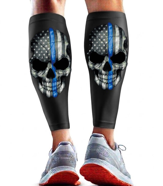 Performance Leg Calf Compression Sleeve Police Blue Line Skull