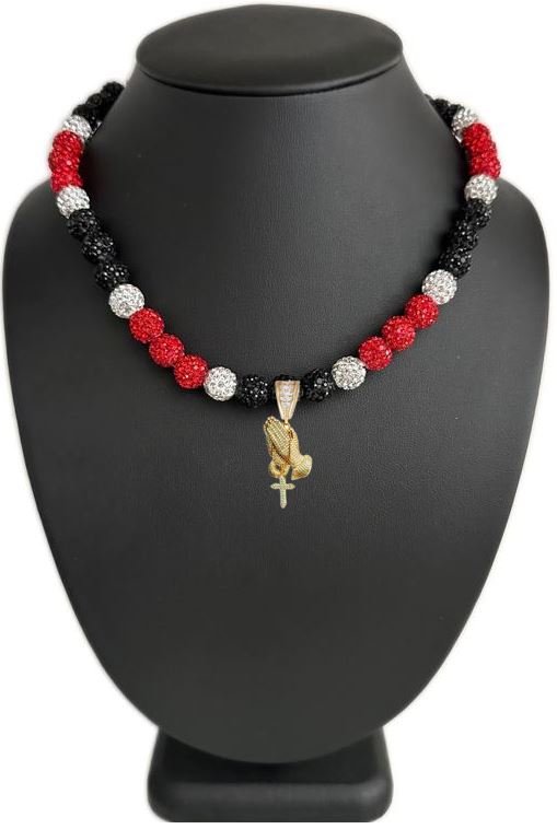 Iced Bling Disco Ball Rhinestone Crystal Beaded Baseball Drip Red Black Necklace + Jesus Prayer Hands