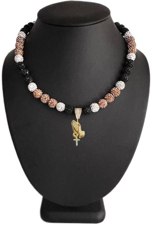 Iced Bling Disco Ball Rhinestone Crystal Beaded Baseball Drip Vegas Gold Black Necklace + Jesus Prayer Hands