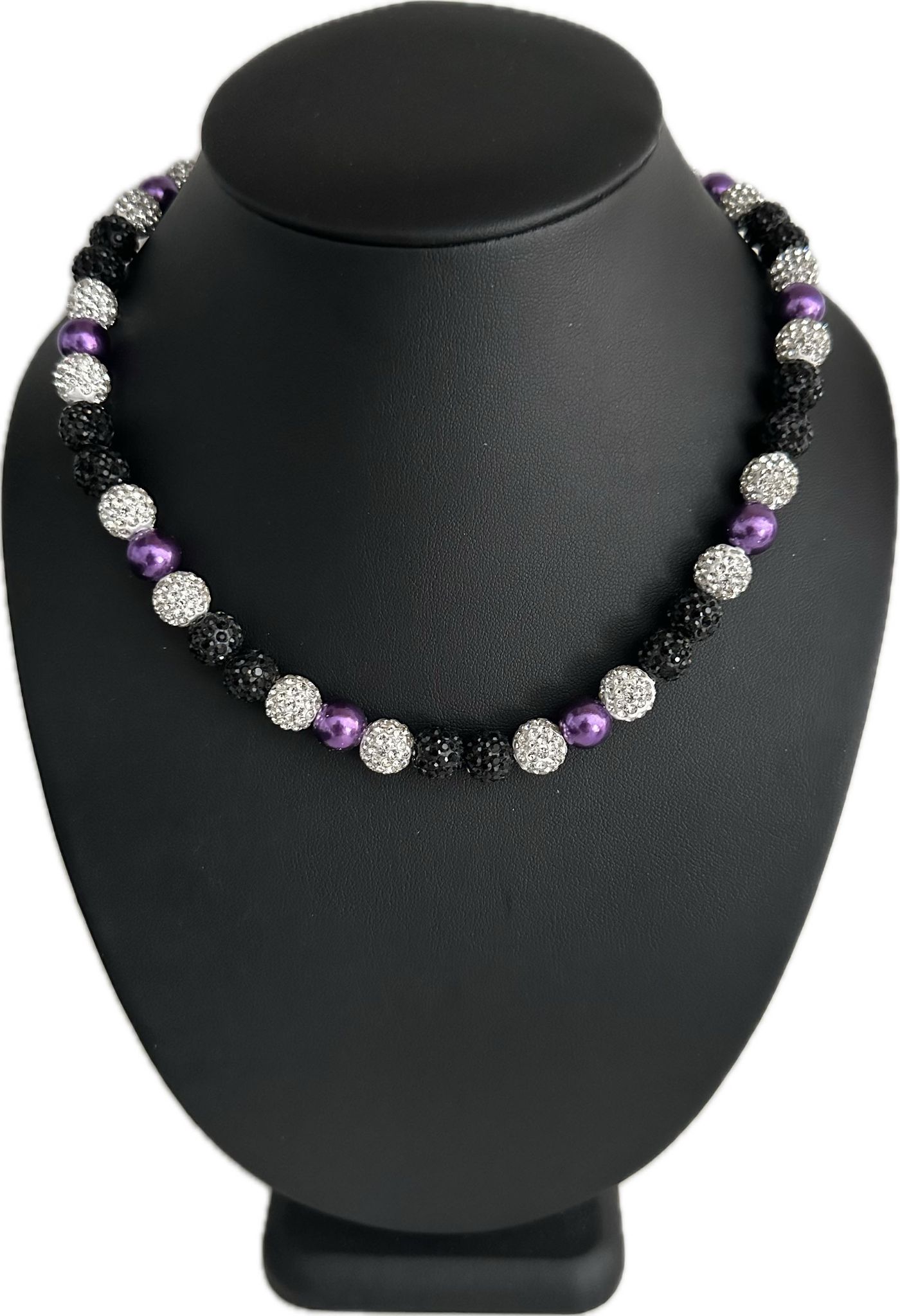 Iced Rhinestone Crystal Disco Ball Crystal Bead Baseball Necklace Purple Pearl Black White