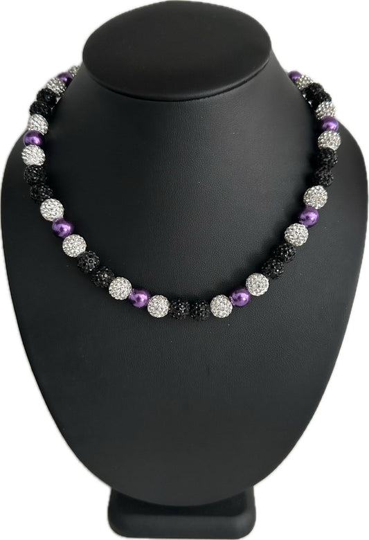 Iced Rhinestone Crystal Disco Ball Crystal Bead Baseball Necklace Purple Pearl Black White