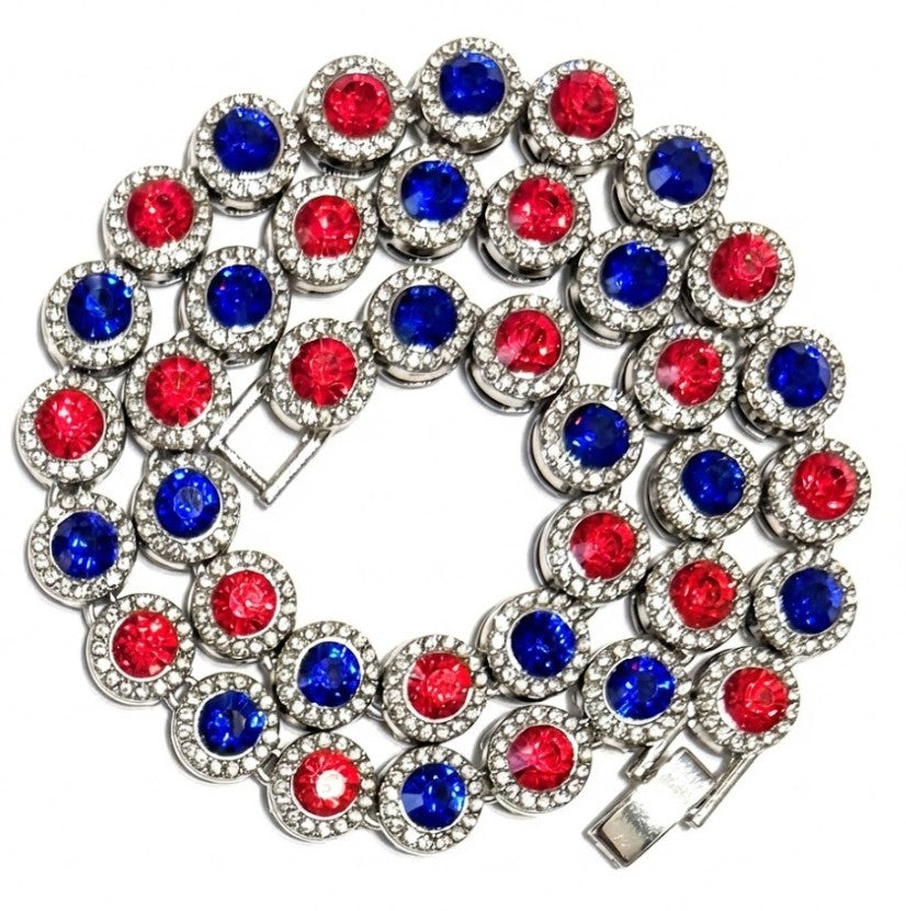 Team Colors Collection Iced CZ Silver Cluster Baseball Player Chain Necklace Red Royal Blue
