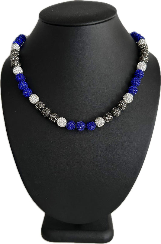Iced Bling Disco Ball Rhinestone Crystal Bead Baseball Necklace Royal Blue Silver