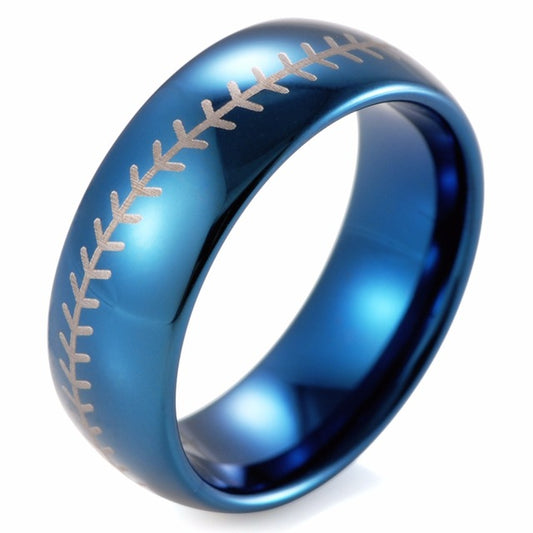 Tungsten Carbide Brushed Steel Baseball Player Red Stitch 8mm Domed Ring Band