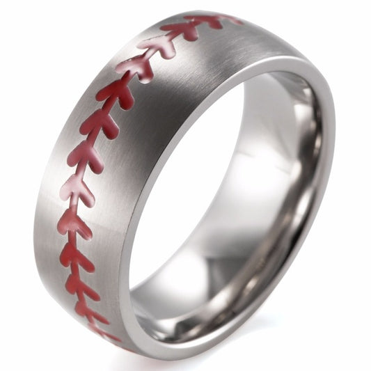 Tungsten Carbide Brushed Steel Baseball Player Red Stitch 8mm Domed Ring Band