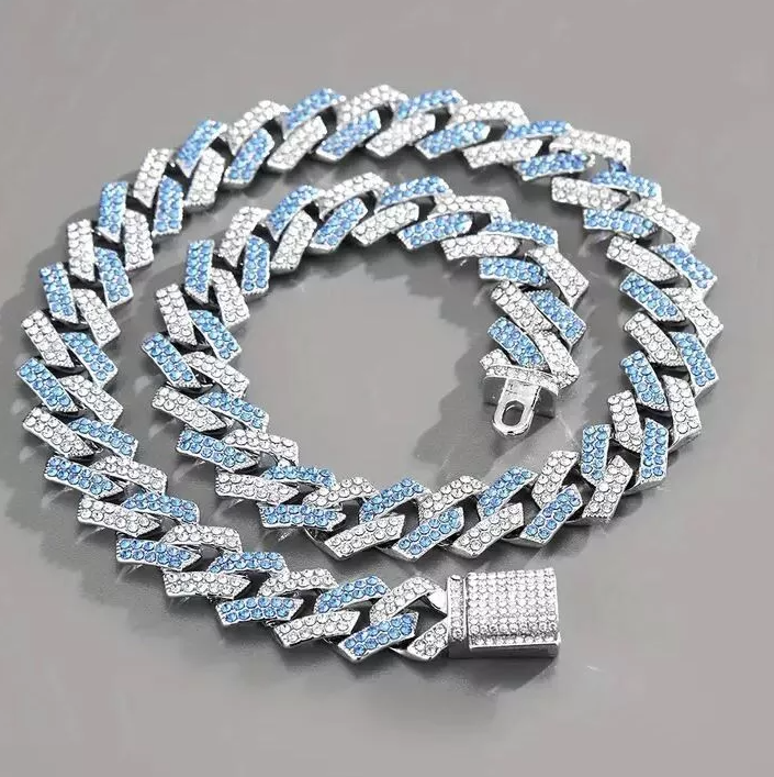 Hip Hop Miami Vice Blue Iced Bling CZ Silver Plated Cuban Link Baseball Chain Necklace 20"