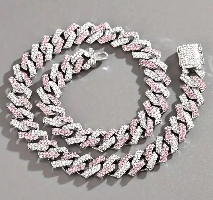 Hip Hop Miami Vice Pink Iced Bling CZ Silver Plated Cuban Link Baseball Chain Necklace 20"